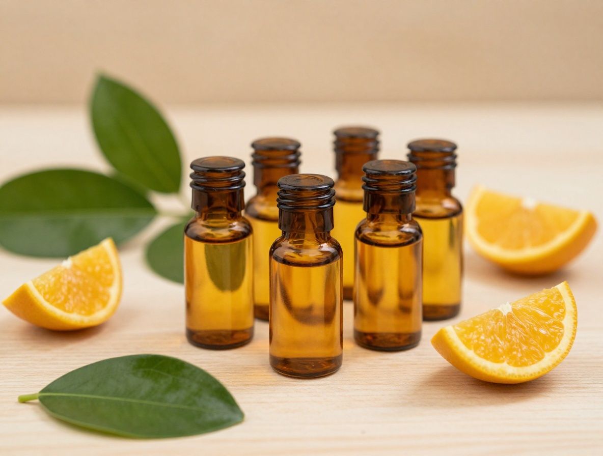 Close-up of several amber glass supplement bottles arranged neatly on a light wooden surface next to fresh green leaves and scattered yellow citrus slices, warm natural side lighting creating soft shadows, clean Scandinavian aesthetic