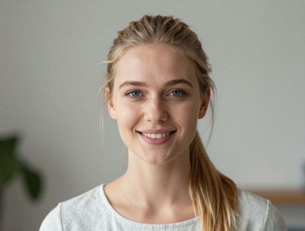 Portrait of a young Swedish woman with blonde hair tied back, wearing a light-coloured top, photographed indoors with soft natural light, friendly and approachable expression